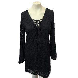 Rockwell Tharp Black Lace Tunic Dress Bell‎ Sleeve Boho Goth Size Large